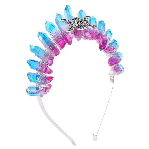Vista 10 de Bubbmi Diadema de tiara negra de cristal crudo, cuarzo natural, luna, diosa, bruja, moda, banda para el pelo para fiesta de cosplay Wiccan