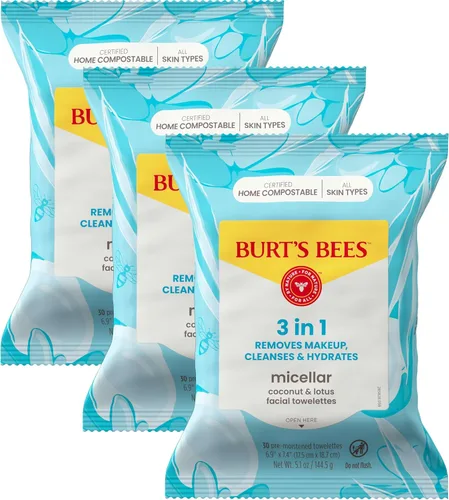 Vista 10 de Toallitas faciales Burt's Bees de limpieza facial, toallitas desmaquillantes, limpiador micelar hidratante 3 en 1 con agua de coco y loto, 90