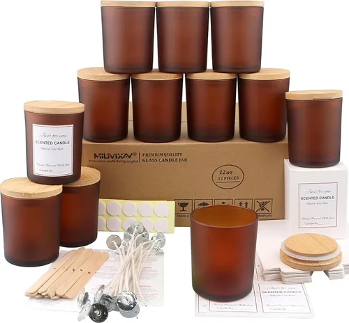 Vista 16 de MILIVIXAY Paquete de 12 tarros de vela de vidrio ámbar de 7 onzas con tapas y kits de fabricación de velas, tarros de velas vacíos a granel