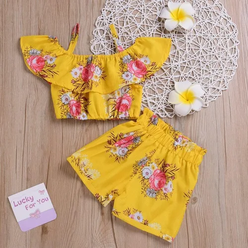 Vista 4 de Conjunto de trajes de verano de dos piezas con correa de volantes y pantalones cortos de girasol para niña