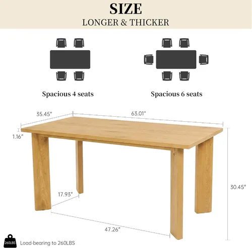 Vista 2 de HIPIHOM 63'' Dining Table for 4-6 People, Oak Table Spacious 63" Dining Table Seats 6 Comfortably, Made with Sturdy MDF in Warm Oak, Easy-Clean