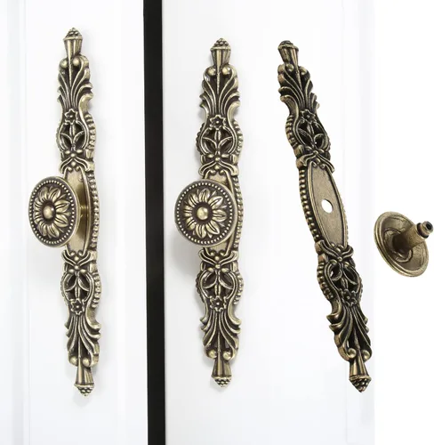 Vista 6 de Manija de 17 cm con perillas y placa, perillas de puerta de bronce antiguo estilo vintage para muebles, tiradores para gabinetes de cocina, alacena
