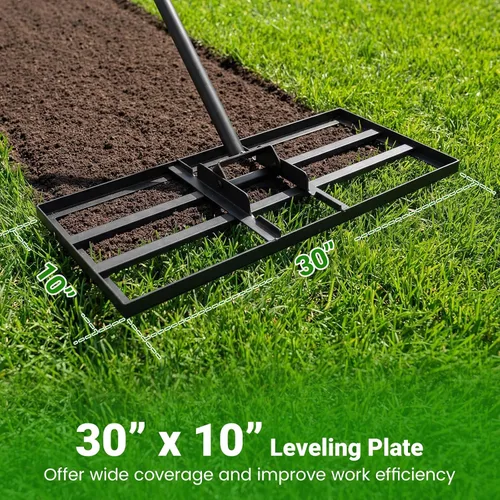 Vista 8 de Goplus Rastrillo nivelador de césped, herramienta de césped de 30 x 10 pulgadas con mango ergonómico para suelo, rastrillo de paisaje que ahorra