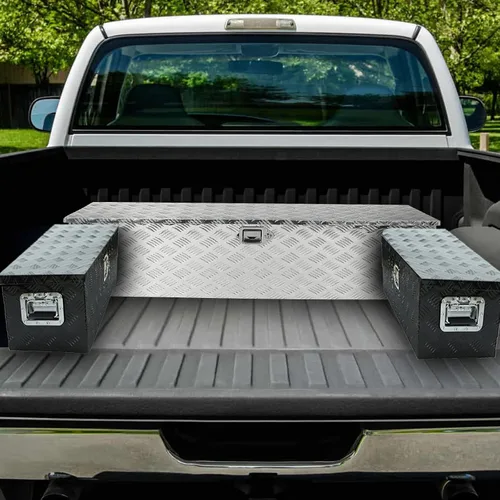 Vista 8 de Caja de herramientas de aluminio resistente de 16 x 7.5 x 10 pulgadas, caja de herramientas de camión con patrón de 5 barras de banda de rodadura