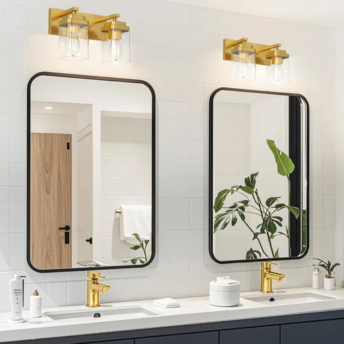 Vista 6 de Lámparas de baño de oro cepillado, 6 luces de baño sobre el espejo, diseño cuadrado y placa trasera grande rectangular, accesorios de iluminación