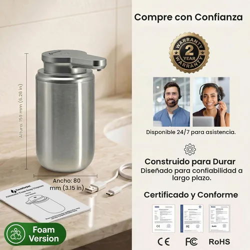 Vista 9 de GentleJet WaveJet - Dispensador automático de jabón espumoso con sensor sin contacto, USB-C recargable, acero inoxidable 304, IPX5 resistente al