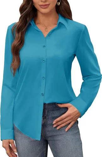Vista 32 de Siliteelon - Camisas de vestir para mujer, a prueba de manchas, sin arrugas, de manga larga, sólidas, para trabajo y negocios, con botones