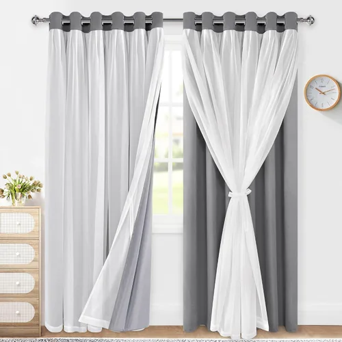 Vista 19 de XWZO Cortinas 100% opacas de doble capa para guardería, cortinas opacas con superposición transparente para dormitorio de niñas, cortinas