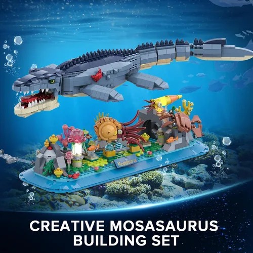 Vista 2 de INSOON Juego de Construcción de Mosasaurus con Luz LED, 1219 Piezas de Bloques de Construcción Movibles de Animales Oceánicos con Nautilus, Medusas