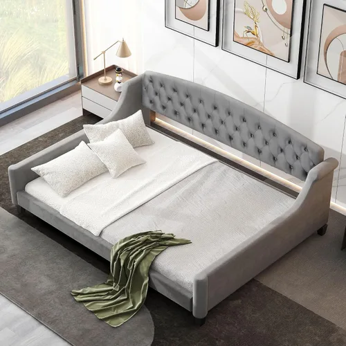 Vista 11 de Harper & Bright Designs Sofá cama tapizado de tamaño individual con botón moderno y lujoso copetudo, marco de madera, sofá cama de terciopelo,