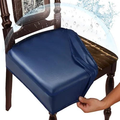 Vista 9 de Juego de 4 fundas de asiento impermeables para sillas de comedor, fundas de asiento de cocina de cuero, resistentes a las manchas, fundas elásticas