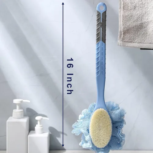 Vista 5 de [2ª generación] Cepillo corporal de ducha con cerdas y esponja, esponja de malla de baño con mango curvado de 16 pulgadas de largo, antideslizante