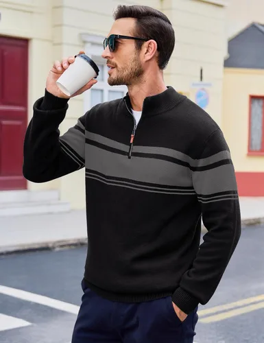 Vista 15 de MAGCOMSEN Suéteres de algodón con cremallera de 1/4 para hombre, suéter tipo polo, a rayas, para otoño e invierno, sudaderas cálidas