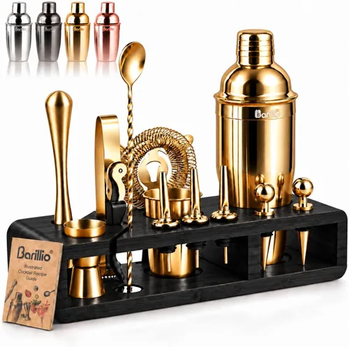 Vista 10 de Barillio Black Bartender Kit – Juego de coctelera de acero inoxidable con soporte de bambú – Herramientas de barra de mixología con coctelera