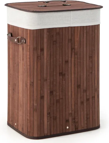 Vista 16 de Cesta de lavandería de bambú Giantex con tapa, cesta grande y alta de 72L para ropa con forro y asas extraíbles, cesta de lavandería rectangular