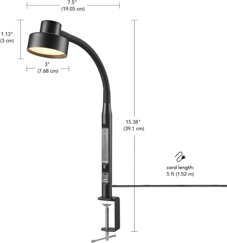 Vista 4 de Globe Electric 62000036 Lámpara de escritorio LED de 15" con abrazadera integrada, color negro mate, cuello de cisne de silicona ajustable