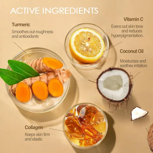Vista 3 de Exfoliante corporal de cúrcuma, vitamina C, exfoliante corporal con colágeno y aceite de coco, removedor de piel muerta, exfoliante natural suave e
