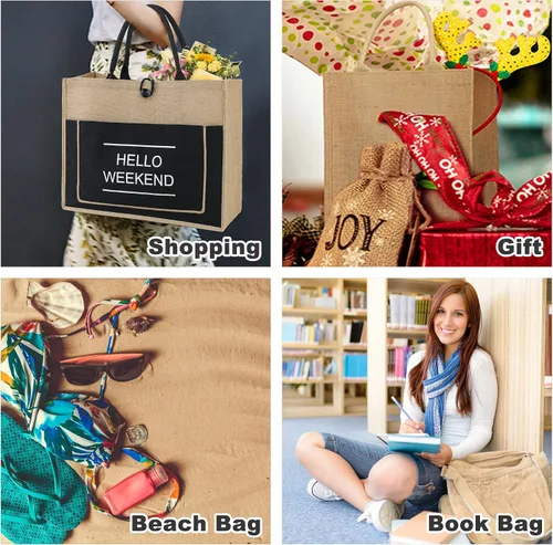 Vista 6 de BeeGreen Bolsa de playa de yute para mujer Hello Weekend Vibes extra grande de 20 x 16 x 7.25 pulgadas, bolsa de playa bordada de arpillera