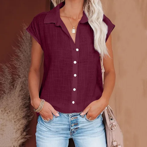 Vista 58 de Ceboyel Camisas para mujer de moda de verano, algodón, lino, manga corta, cuello con botones, blusa casual para mujer 2023