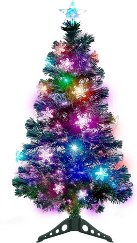 Vista 8 de Juegoal Árbol de Navidad Artificial Verde Preiluminado de 3 pies, Mini Árboles de Navidad de Mesa de Fibra Óptica Iluminada con Luces que Cambian