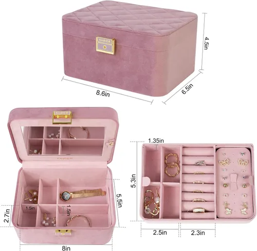 Vista 6 de KAMIER Joyero, 2 capas de piel sintética, caja organizadora de joyas de gran capacidad, doble cerradura y espejo grande, ganchos ocultos