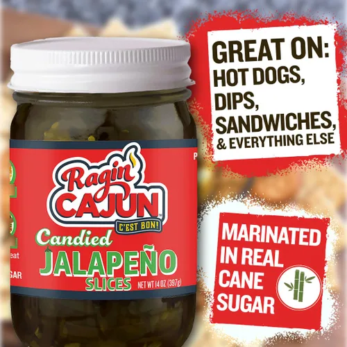 Vista 4 de Rebanadas de jalapeño confitadas de 12 onzas líquidas Ragin' Cajun Foods (paquete de 1) Sweet-and-spicy candied jalapeno slices for burgers