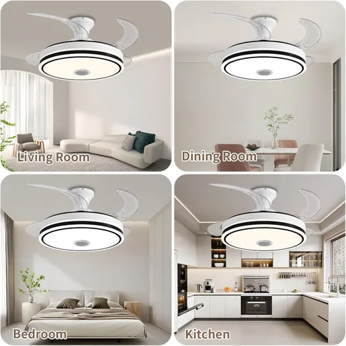 Vista 6 de Ventilador de techo retráctil de 42 pulgadas con luces, ventilador de techo inteligente con altavoz Bluetooth, control de aplicación, cambio