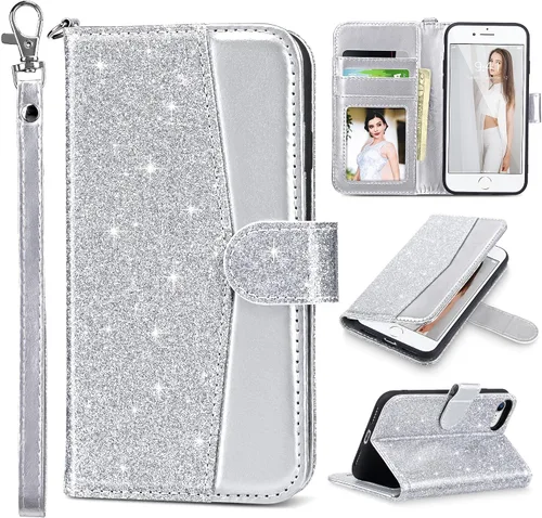 Vista 13 de ULAK Funda tipo cartera para iPhone SE (2022)/SE (2020)/8/7, tarjetero con Brillo