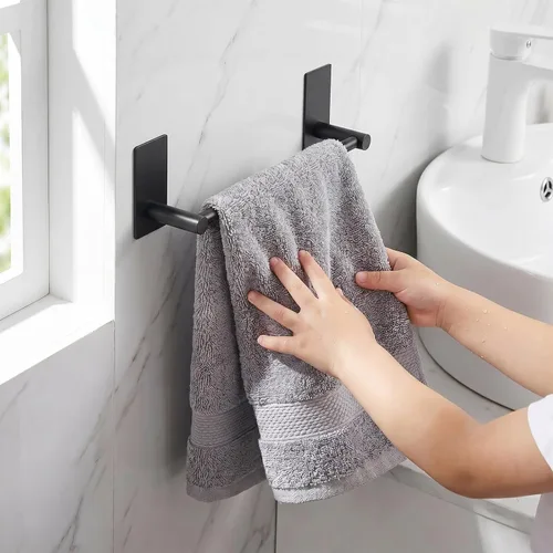 Vista 2 de Barra de Toalla Adhesiva Negra de 9 Pulgadas, Soporte de Toalla de Baño Adhesivo, Soportes de Toalla de Mano, Sin Perforación en la Pared - Negro