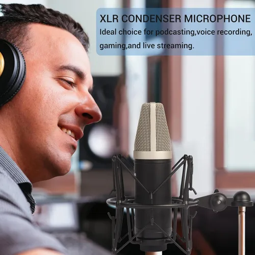 Vista 6 de Micrófono de condensador XLR, kit de micrófono cardioide de grabación profesional de diafgrama grande con soporte de choque, para estudio Negro