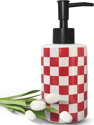 Vista 7 de Dispensador de jabón de baño con bomba negra mate, dispensador de jabón de cerámica blanca para cocina, patrón de cuadros, botella de bomba vacía
