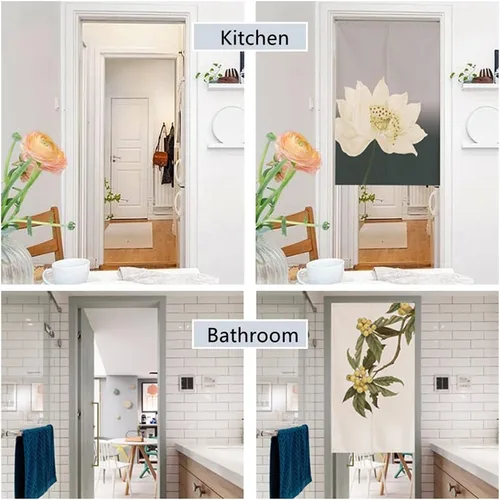 Vista 3 de Tapiz de cortina japonesa Noren para puerta, tradicional chino, pintura de loto chino, cortina de puerta impresa, cortina de puerta con acuarela