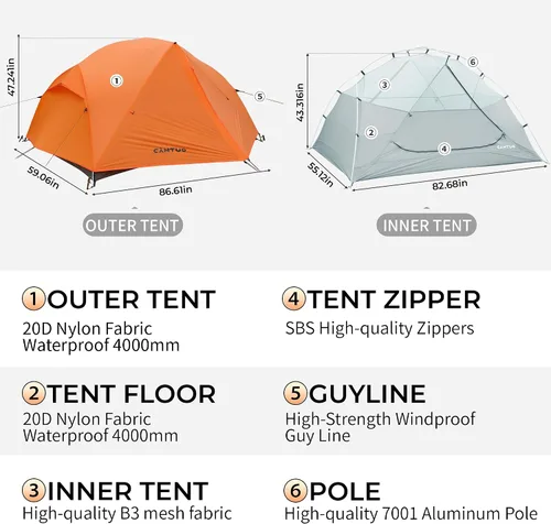 Vista 2 de CANTUO 2/3 persona mochilero tienda 4 temporada con huella 20D ultraligero 4.12 libras 157.480 in impermeable y resistente al viento tiendas