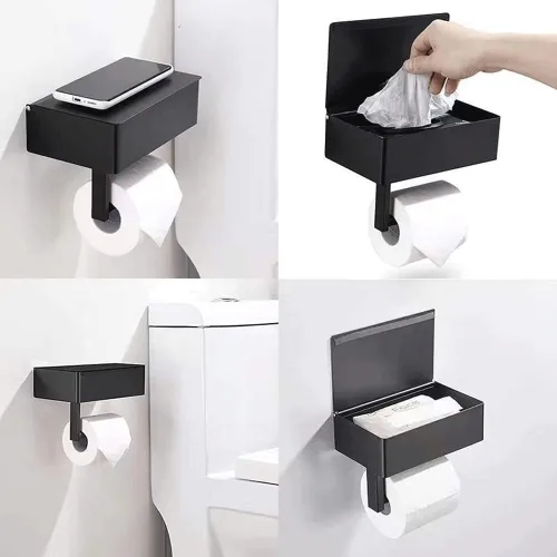 Vista 3 de Soporte de papel higiénico con estante para teléfono SUS 304 de acero inoxidable montado en la pared Soporte de rollo de papel higiénico adhesivo
