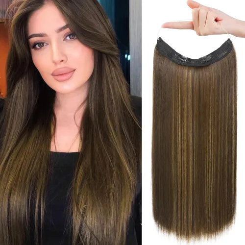 Vista 19 de REECHO - Extensiones de cabello con alambre invisible y con cintillo transparente, tamaño ajustable, clips seguros extraíbles, cabello lacio, diseño