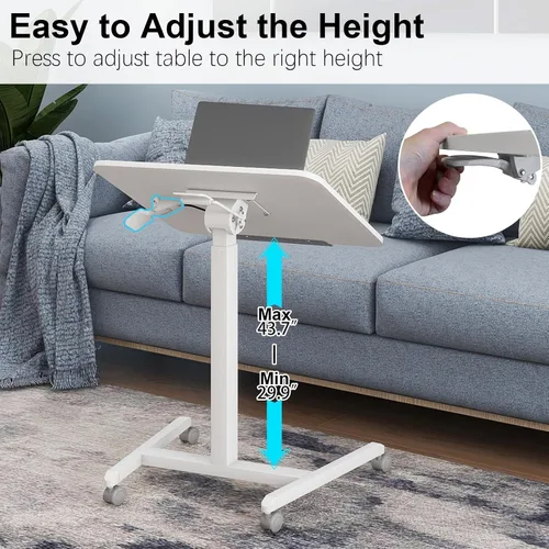 Vista 3 de PUNCIA - Escritorio móvil de pie de 25 pulgadas, neumático ajustable, escritorio inclinable, color blanco Pneumatic Height Adjustable Laptop Desk