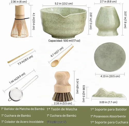 Vista 5 de Ochcahser Set de Té Matcha Japonés, Tazón de Matcha con Pico y Base, Batidor de Matcha con Soporte, Colador, Cuchara, Cucharón, Cepillo de Limpieza
