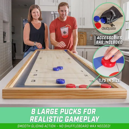 Vista 4 de GoSports Juego 2 en 1 de Shuffleboard de Mesa de 6 pies y Curling con 8 Discos y Bolsa de Transporte
