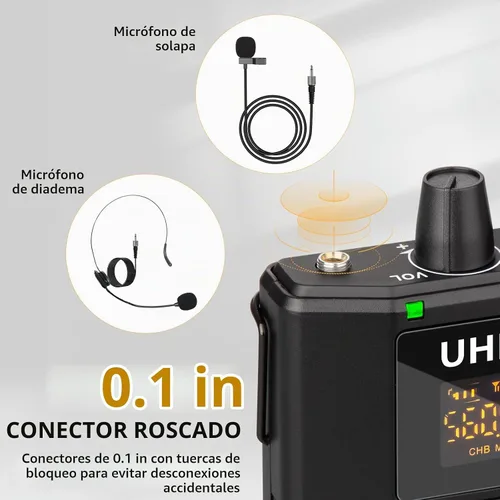 Vista 6 de Depusheng Sistema de auriculares inalámbricos UHF - Sistema de micrófono inalámbrico con micrófonos de solapa Lavalier, rango de 200 pies, enchufe