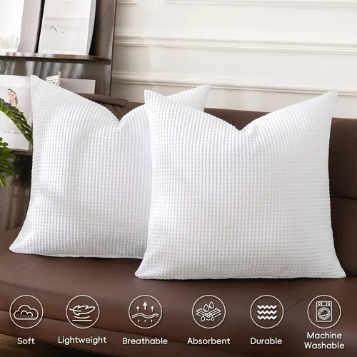 Vista 3 de PHF Funda de almohada 100% algodón con tejido de gofre, 20 x 20 pulgadas, sin relleno, paquete de 2 elegantes fundas de almohada cuadradas Blanco