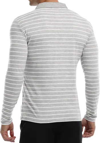 Vista 2 de MLANM Polo para hombre de manga cortalarga, informal, ajustado, diseño básico, a rayas, de algodón