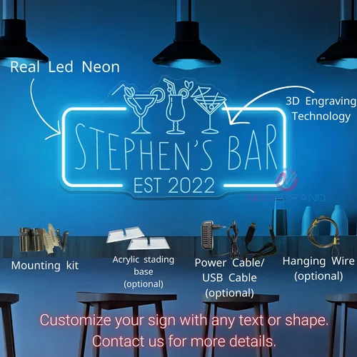 Vista 2 de Letrero de barra de neón personalizado – Letrero de luz personalizado para decoración de bar del hogar, salón o cueva de hombre (grabado rectangular)