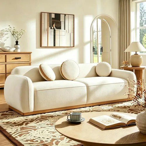 Vista 11 de Sofá moderno de 82 pulgadas con patas de metal, sofá boucle tapizado, sofás de lujo con asiento profundo de 3 plazas, sofá alto y minimalista