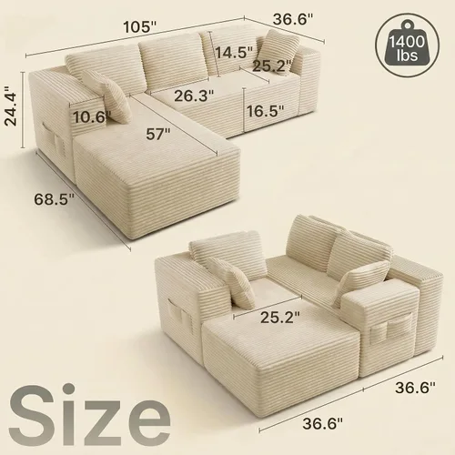 Vista 2 de Gizoon Sofá modular Cloud de 105 pulgadas con diván en forma de L, sofá modular sin hueso para sala de estar, sofá de pana tapizado con asiento Beige