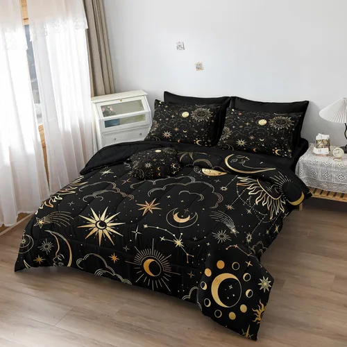 Vista 3 de Bedding_Dreamer Juego de ropa de cama Queen en una bolsa, diseño de sol y luna, espacio misterioso, decoración del hogar, edredón de plumón