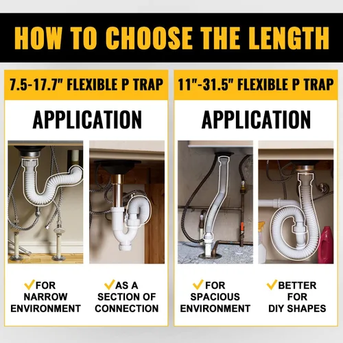 Vista 7 de VIVIDA Tubo de drenaje para fregadero de 1-1/2 pulgadas, tubo de drenaje flexible, trampa P flexible expandible de 7.5 a 17.7 pulgadas para baño