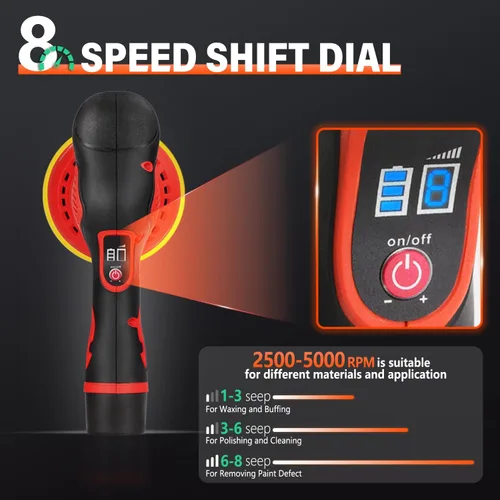 Vista 3 de NIHAO - Pulidor de búfer inalámbrico de 5 pulgadas con 2 baterías recargables de 12 V 2000 mAh y 15 accesorios adicionales, 8 velocidades variables
