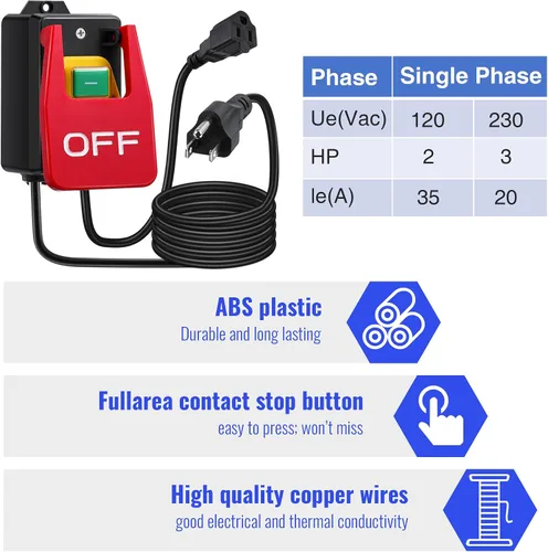Vista 2 de Dreyoo 1 Pack Interruptor Monofásico Encendido/Apagado 120/230V, Interruptor de Mesa de Enrutador de 2HP a 120V con Gran Señal de Alto