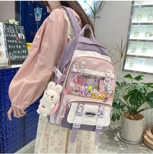 Vista 2 de MBVBN Mochila Kawaii con bonito colgante de felpa con tarjeta Kawaii mochila escolar linda mochila estética para niñas adolescentes suministros