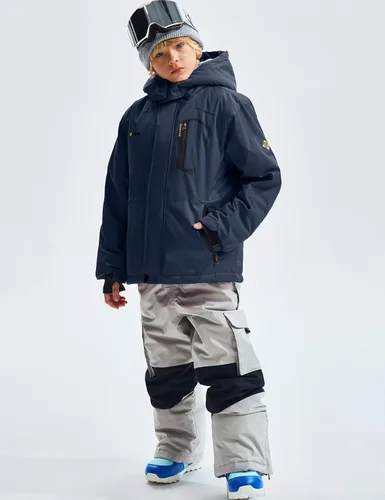 Vista 4 de GEMYSE Chaqueta de esquí impermeable para niños con capucha de forro polar resistente al viento chaqueta de invierno